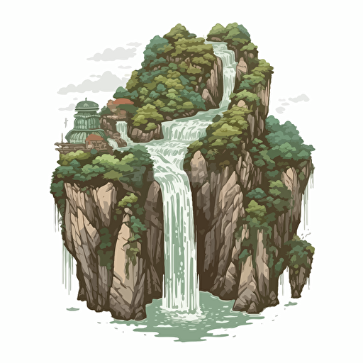 asian style, pixel art, a single rocky mountain with waterfall, vector illustration, in the style of highly detailed foliage, light green and light gray, richly detailed genre paintings, earth tone color palette, precise, neo-geo