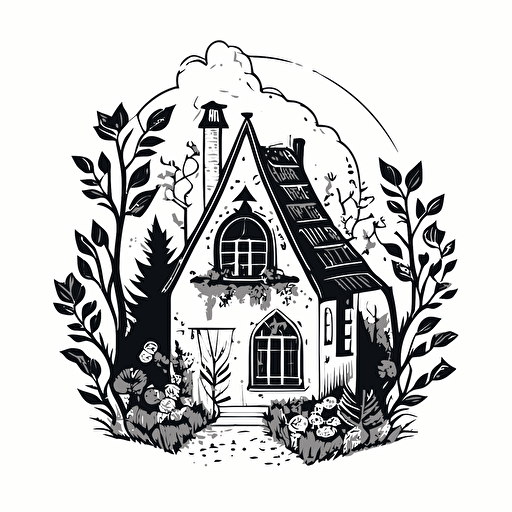 vector style, logo of a house with the attic bursting with a garden out of the top of the house. Cute cartoon, black outline