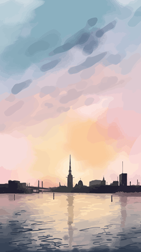 create a Anime style landscape of Hamburg using watercolors and partly vectors. No Frame.