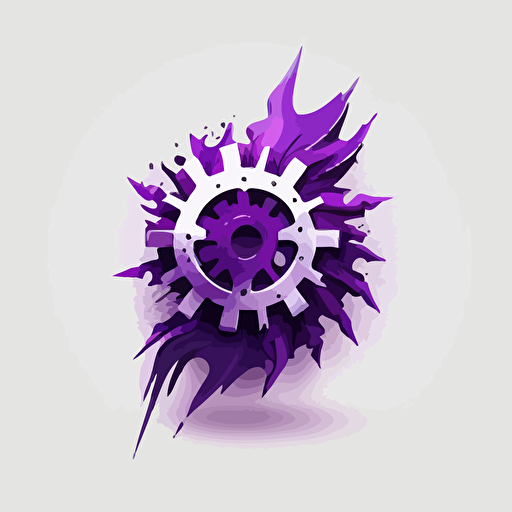 minimalist icon, flaming gear, white background, purple, vector, no shadows
