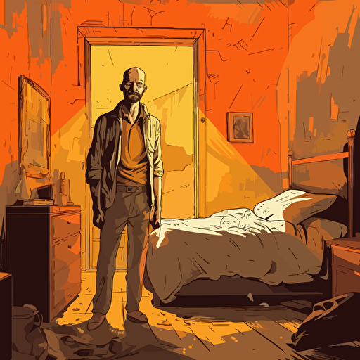 Illustration of a man standing in a decrepit old orange bedroom, facing camera, vector, 2d animation