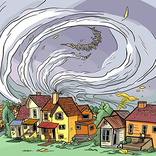 tornado sweeping through town, award winning cartoon drawing, clipart, animation, bright colors, vector