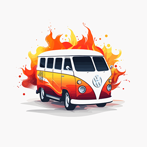 Create a modern colorful vector logo minimalism of a hot rod style Volkswagen van on white background in flames