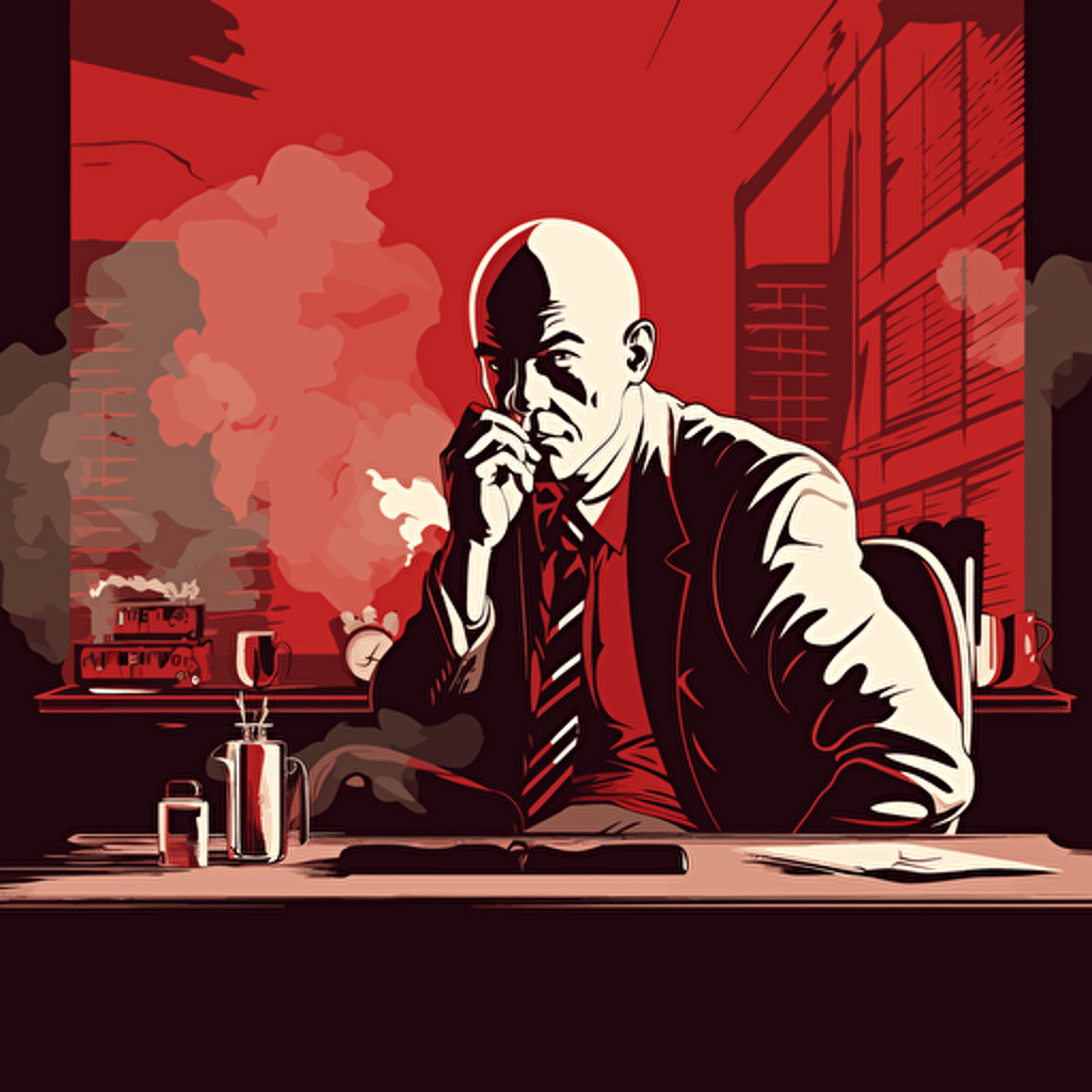 bald ganster private detective, sat at his desk smoking and looking smug, red theme, vector art