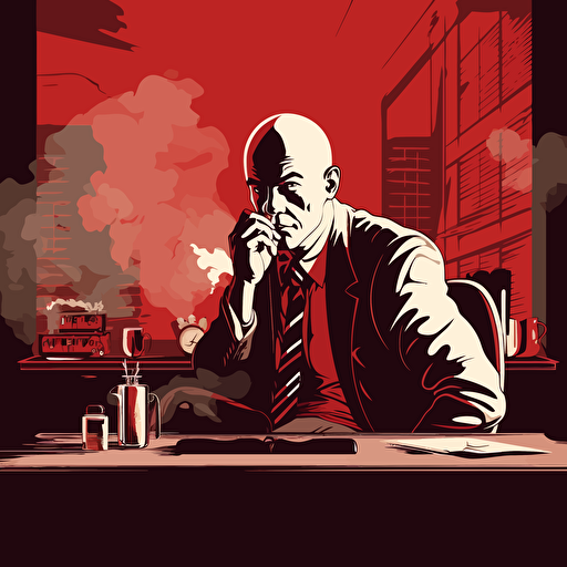 bald ganster private detective, sat at his desk smoking and looking smug, red theme, vector art