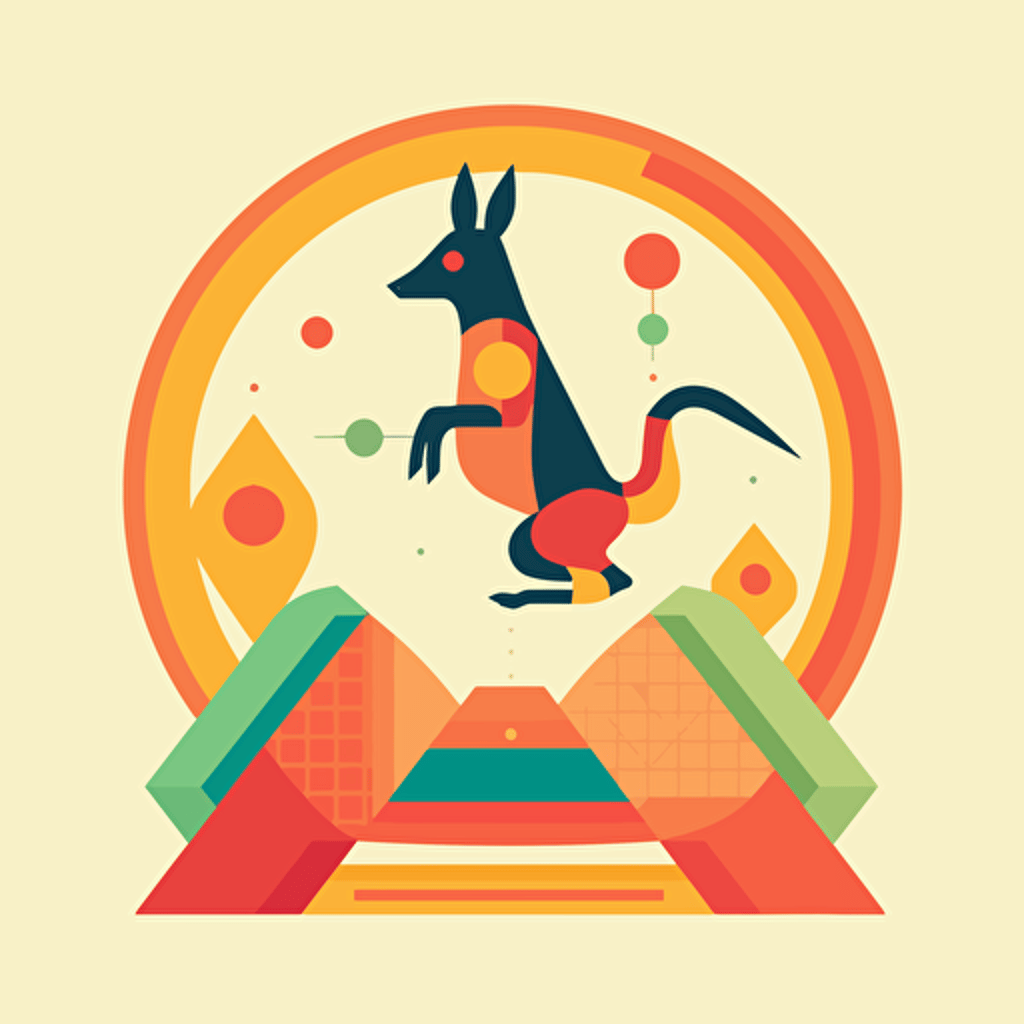 Kangaroo, Jumping on a Trampoline, Playful, Geometric Shapes, Bright Colors, Comic vector illustration style, flat design, minimalist logo, minimalist icon, flat icon, adobe illustrator, cute, Simple