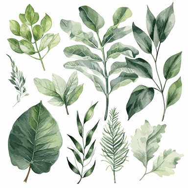 Create a high-quality PNG Vector art featuring an exquisite arrangement of botanics and leaves in various shades of green, with intricate details that highlight the natural beauty of the plants, the artwork should have a white background that accentuates the freshness and vibrancy of the leaves. The style should be botanical illustration, executed in watercolor on paper, with a focus on the texture and luminosity of the watercolor pigments. The image's environment should be a bright and sunny meadow with gentle grasses, and a light breeze that delicately moves the plants, evoking a sense of peacefulness and tranquility.