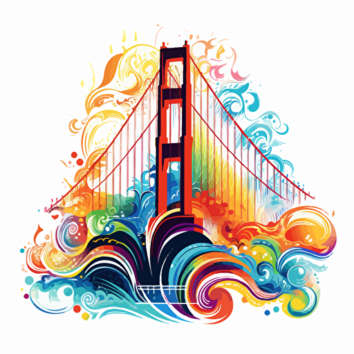 colorful vector art, golden gate bridge and transamerica pyramid, colorful swirls in the white background
