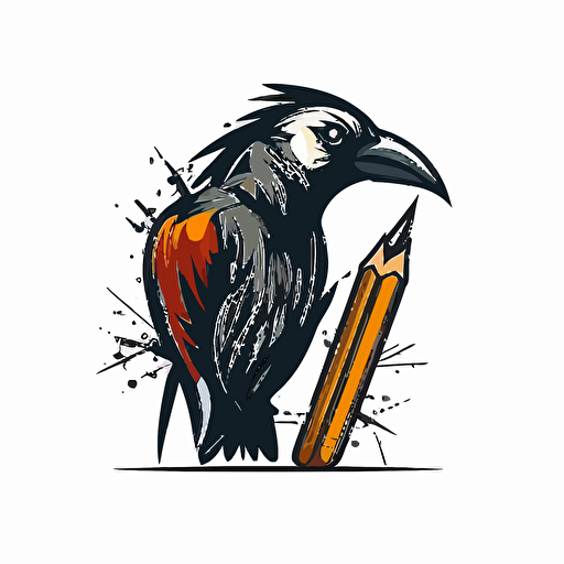 a mascot logo of a crow with a pencil, simple, vector