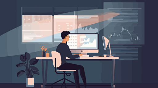 vector art of programmer holding money and happy while in a programming office , 2d , details ,