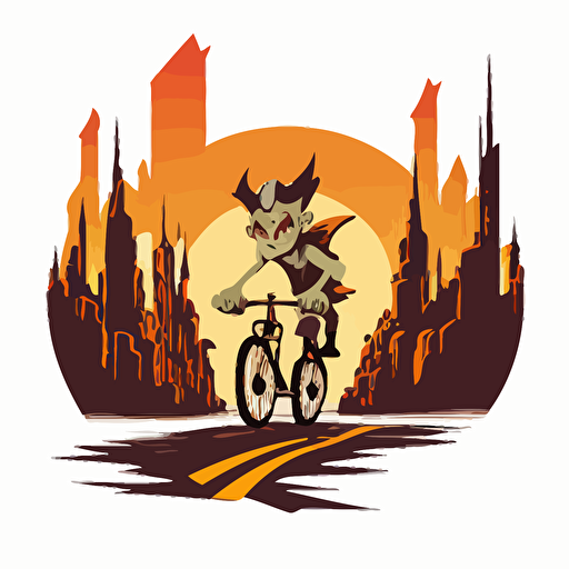 imp riding a bike through a bad part of a city, vector logo, vector art, emblem, simple cartoon, 2d, no text, white background