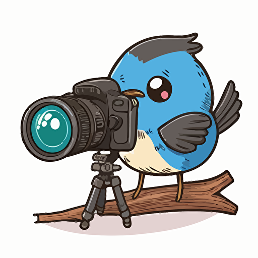 a cute apus apus taking photos with a wooden DSLR on a wooden tripod, vector image, simple, three color, blue, black, white