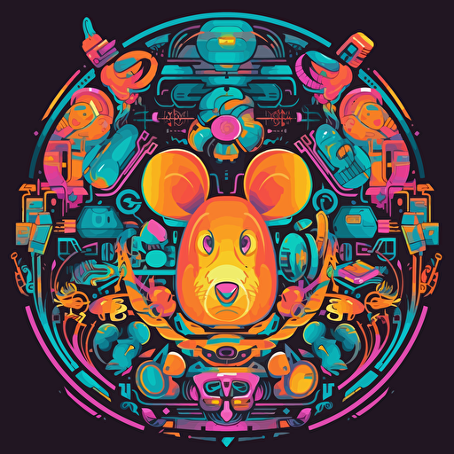 a cartoon computer mouse surrounding colorful motifs, 2d vector, neon colours, epic composition, vector design on the edges of the image