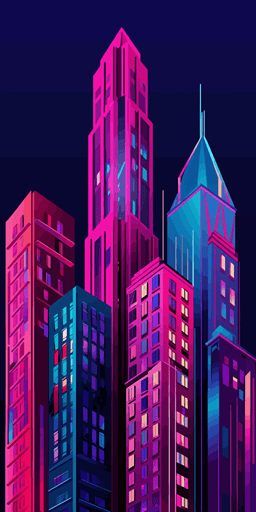 a new york city front view building skyscrapers, in style of spiderverse movie, with bright colors, vector artwork,