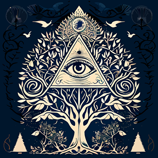 tree of life, ornate, all seeing eye, pyramid, vector, white