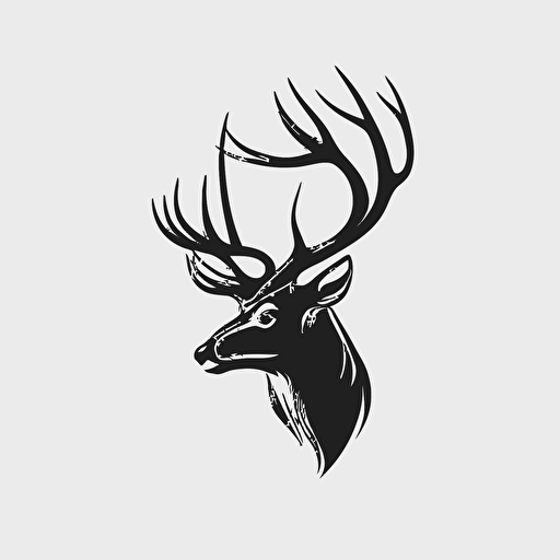 black and white simplistic buck head with big antlers logo, white background, vector image, minimalistic