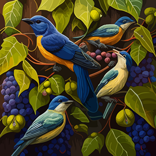 una pintura mural de aves y uvas, aves azules , amarillas amazonicas endémicas, viñedos en vectores , haciendo ver los procesos de cultivacion de la uva por campesinos