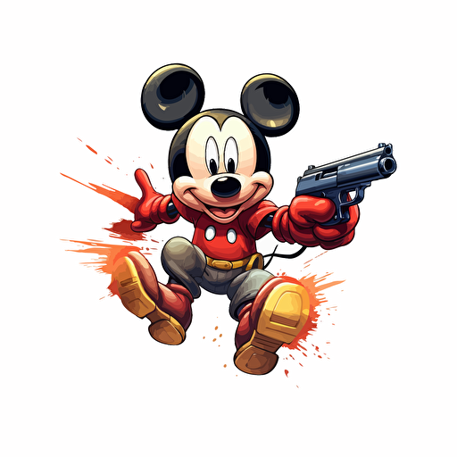mickey mouse jumping and dodging bullets vector illustration isolated on white background, logo, vector