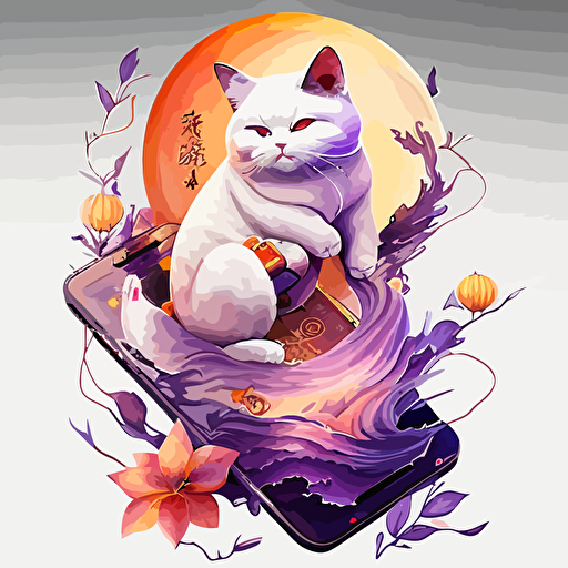 cat chinese style with flames coins cellphones mandarines chinese new year logo vector detailed high definition white purple red orange