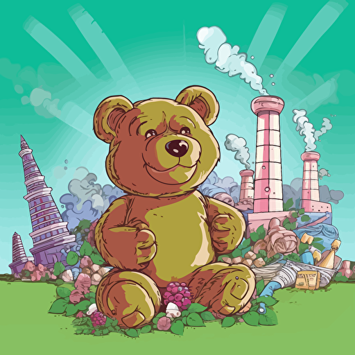 teddy bear smoking marijuana that is wrapped in a hemp leaf with a edible factory in the background, marijuana plants in the background, candy machines, vector art,