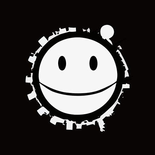 disconcerting smiley face, Banksy style, black background, large closed shapes, fantasy roboter, white space to fill, abstract, artistic, pen outline, white background, very simple, full field of view, centre, minimalistic logo vector art , simple flat vector logo