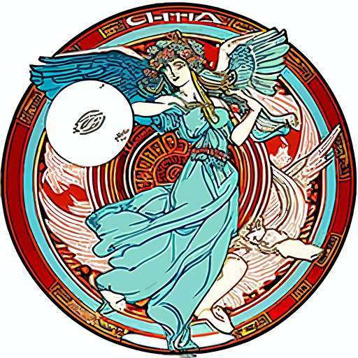 amazing vector 2d creative design style with great detail and incredible artistic perception artifact Japanese ukiyoe anime disc golf throwing pro with Alphonse Mucha detail circle with a white background, edge frame has amazing design detail with blue white red vivid contrast flying disc frisbee ethereal