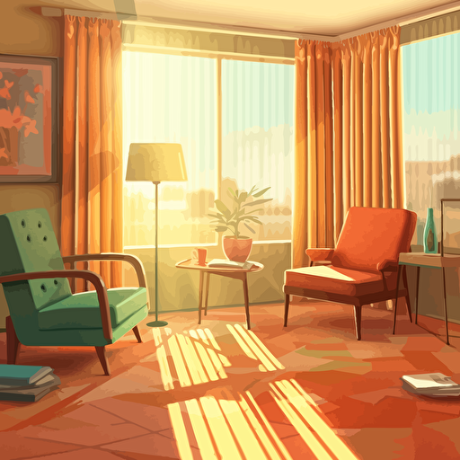 room, mid-century furniture, strong sunlight through window, vectorart