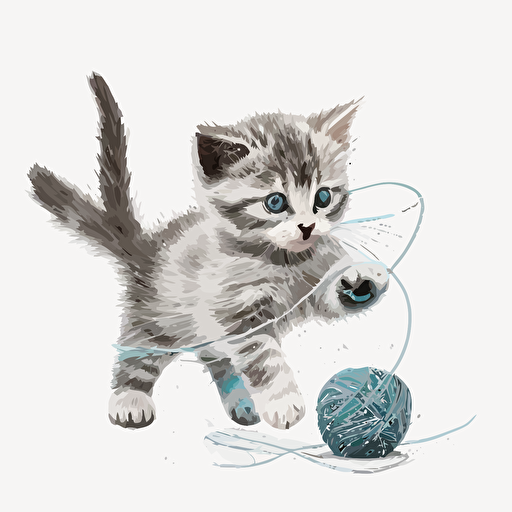 Playful kitten vector chasing a ball of yarn on a white background