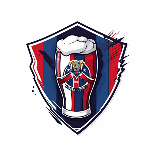 soccer logo club with soccer ball and glass of beer, red and blue stripes, modern, white background, vector.