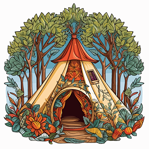 Tent in woods, Sticker, Blissful, Earthy, Folk Art, Contour, Vector, White Background, Detailed