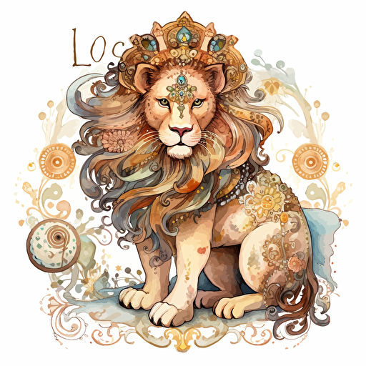 Whimsical Victorian Rococo zodiac leo, detailed, cartoon style, 2d watercolor clipart vector, creative and imaginative, hd, white background