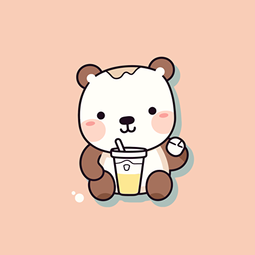 Cute bear Die-cut sticker with a milk tea in hand, color background, illustration minimalism, vector, pastel colors