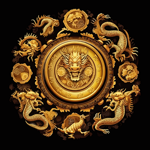 front view, vector art, fun, a gold border with gold coins, money, dragons, black background, symmetry, symmetrical,