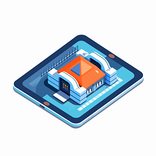 flat vector icon, ruggedized tablet in front of a prison, blue and orange and white and dark gray, isometric