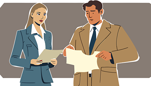 A women dressed in business casual clothing holding a piece of paper, showing it to a man dressed as a detective. flat style illustration for business ideas, flat design vector, industrial, light color pallet using a limited color pallet, high resolution, engineering/ construction and design, colored cartoon style, light indigo and light gold, cad( computer aided design) , white background