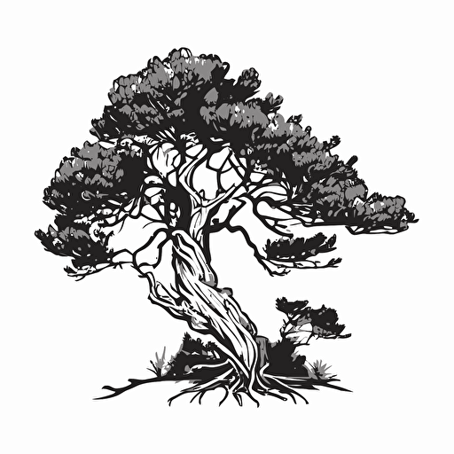 a logo vector design of a juniper tree, black and white