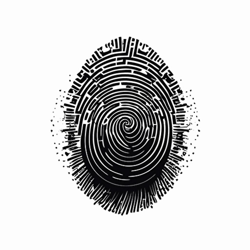 a futuristic geometric iconic logo of a fingerprint made from a circuit, black vector on white background.