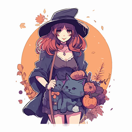An 2D illustration of a cute witch wear a witch hat and modern clothes, holding a cat, magic color, flower in back. comic book style, crisp clean vector