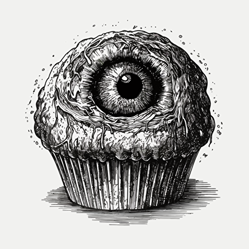 Eyeball Cupcake,Horror art, High Resolution, Highly Detailed, Comic Book art, No Color, Black and White, Ink Pen, Heavy Shadows, Sticker,Vector