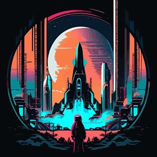 cyberpunk. nasa, vaporwave, rocket, launchpad, moon, symmetrical, vector