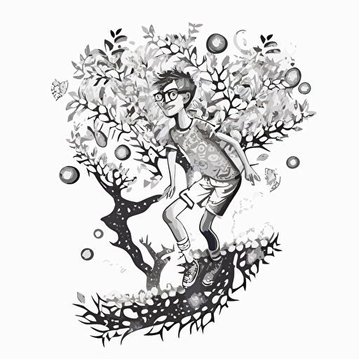 boy wearing shorts flying over tall and skinny tree, with branches that twisted and turned in every direction. Black and White vector illustration. Cheerful image with magical fruit around