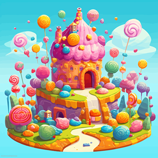 Design me a colorful cartoon vector garden made of candies and cakes for mobile games, 2d vector, illustration