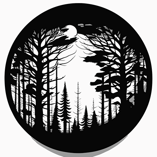 laser cut forest, monotone, single layer, no shadows, #000000, 70mm diameter perfect circle, black outer border, vector art