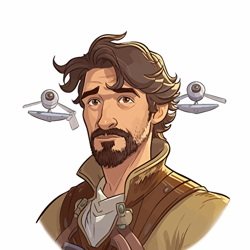vector illustration of a half-elf artificer, male, a small amount of facial hair, shaggy brown hair, flying a drone