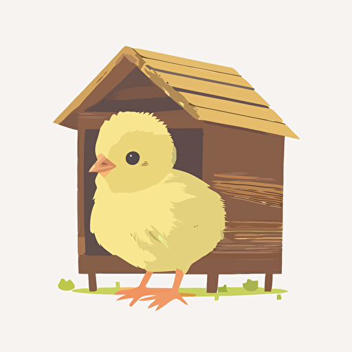 chicken coop, baby yellow chick, white background, flat color vector art