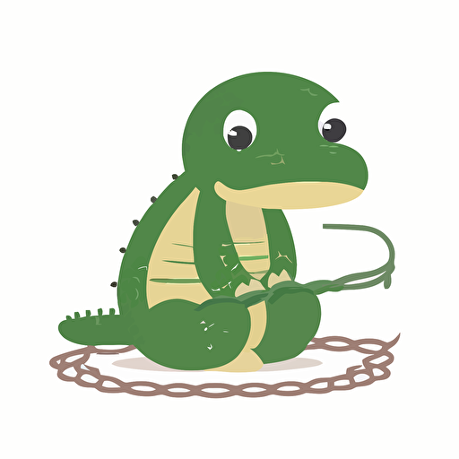 sad baby alligator with a rope around his mouth sitting by the river, white background, flat color vector art