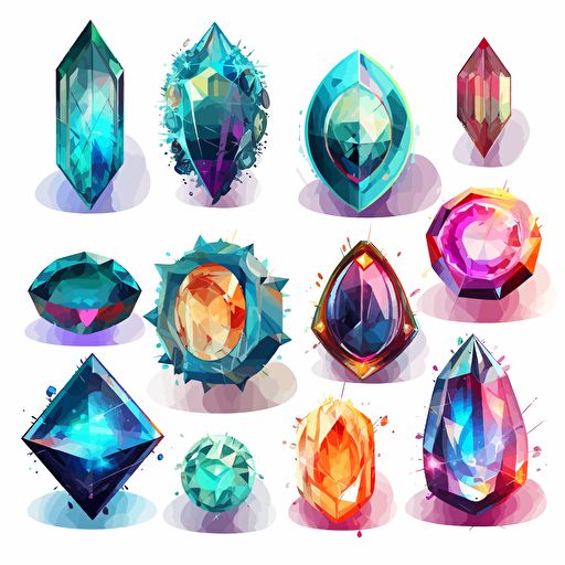 Collection of futuristic cut jewels, cyber punk, translucent, shiny object, high detail, symmetrical, vector, cartoon, white background