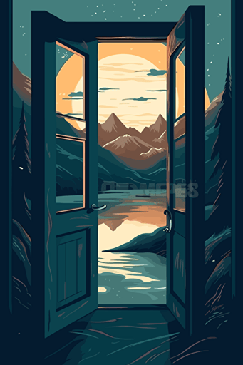 looking outside through an open door, outside of the door are mountains and rivers and a bright setting night sky, illustrated, 2d, vector art