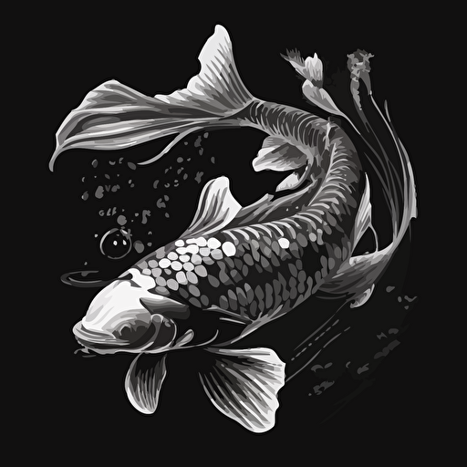 vector Koi Fish swimming in black and white