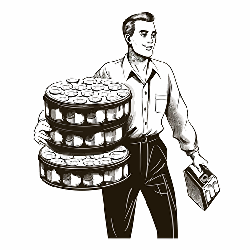 Vector image of a man carrying a giant tray of hundreds of pints of beer, logo art, brand logo, black and white, no background,